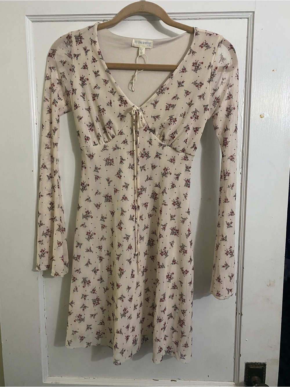 See You Monday Cream Long-Sleeve Floral Tie-Front Dress